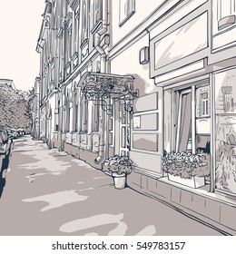 Street views of the city with historical buildings.
Urban landscape. Monochrome vector illustration.