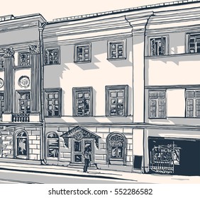 Street views of the city with historical buildings.
Urban landscape. Monochrome vector illustration.