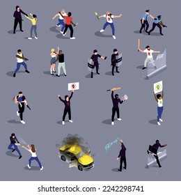 Street violence isometric set of protesting people with posters and aggressive characters with bat and a molotov cocktail isolated vector illustration