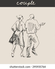 Street walking couple with man and women, in doodle engraving etching sketch hand drawing style, for urban sketching and fashion business design