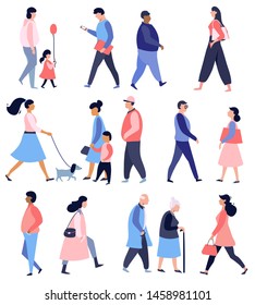 Street walking people, collection of male and female flat cartoon characters,
vector illustration , flat design
