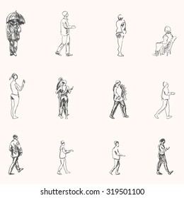 Street walking people drawings set with man and women, in sketch hand drawing style, for urban sketching design