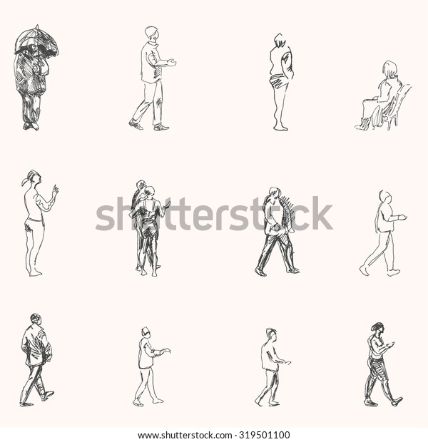 Street Walking People Drawings Set Man Stock Vector Royalty