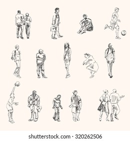 Street walking peoples and businessmen drawings set, in sketch hand drawing style, for urban sketching design