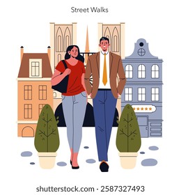 Street walks in a picturesque urban setting reveal the joy of exploration and connection. Two individuals stroll along the charming streets, with historic buildings serving as their backdrop. This