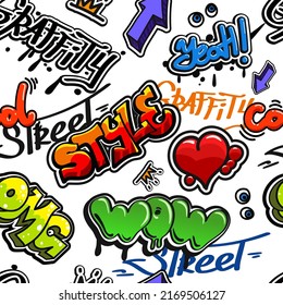 Street wall graffiti art seamless pattern. Grange teenager urban print. Doodle words. Hip hop style print design.