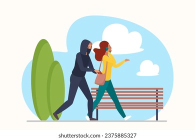 Street wallet theft vector illustration. Cartoon hurrying young woman walking and talking on mobile phone, thief in disguise sneaking to steal purse with money or credit card from bag of victim