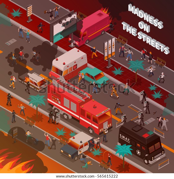 Street war with burning\
cars and fighting people fire service and police isometric vector\
illustration