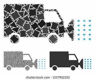 Street washing car composition of bumpy elements in various sizes and shades, based on street washing car icon. Vector tuberous pieces are combined into collage.