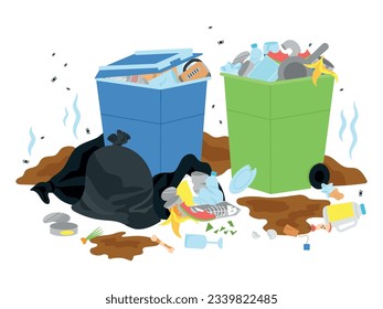 Street waste bins, full garbage city plastic containers and flying fly. Trashed rubbish in bag, overflow bin. Town dumpster decent vector scene