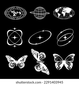 street wear fashion design element black globe and butterflies Retro futuristic vector, streetwear and urban style t-shirt design, hoodies, etc.