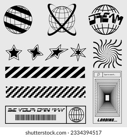 Street wear globe Y2k, Rave, Retro futuristic concept elements, graphic geometric symbols 