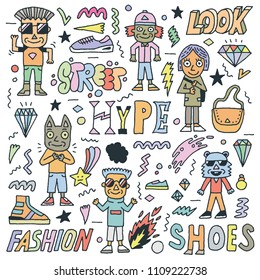 Street Wear Hype Fashion Funny Doodles. Color Drawing. Vector Illustration.
