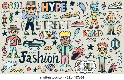 Street Wear Hype Fashion Wacky Doodles. Color Drawing. Vector Illustration. Texture Background.