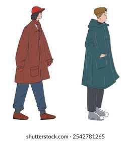 Street wear male in winter outfit vector illustration. Flat design people wearing winter clothes full body