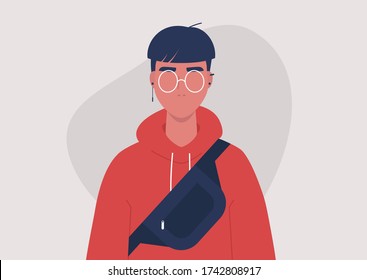 Street Wear Style, Fashionable Teenage Male Character Wearing A Hoodie, A Fanny Pack And Jewellery Accessories