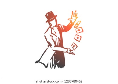 Street, wizard, magic, performance, cart concept. Hand drawn magician performing on street concept sketch. Isolated vector illustration.