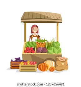 Street wooden counter with fresh organic vegetables and female seller. Delicious natural products at market and woman in white apron with friendly smile isolated cartoon flat vector illustration.