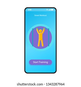 Street workout app smartphone interface vector template. Mobile page black design layout. Calisthenics skill training screen. Flat UI for fitness and sport tracker application. Pull ups. Phone display