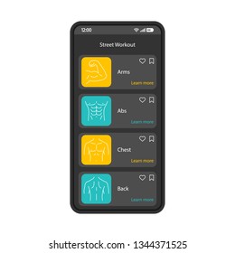 Street workout app smartphone interface vector template. Mobile page black design layout. Arms, abs, chest, back training programs screen. Flat UI for application. Sport exercises. Phone display