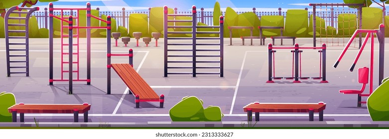 Street workout equipment in summer park with green trees. Vector illustration of colorful machines for exercising in outdoor gym, fitness training in public garden, school yard or campus on sunny day