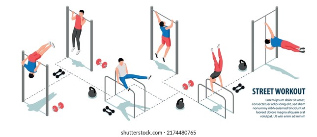 Street workout infographics with sports equipment and men doing exercises on bars 3d isometric vector illustration