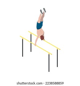 Street workout isometric composition with human character performing warm up exercise on sports equipment vector illustration