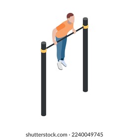 Street workout isometric composition with human character performing warm up exercise on sports equipment vector illustration