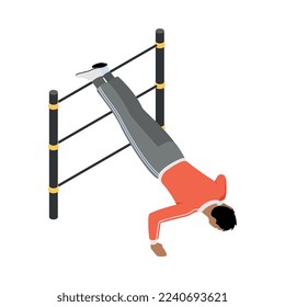 Street workout isometric composition with human character performing warm up exercise on sports equipment vector illustration