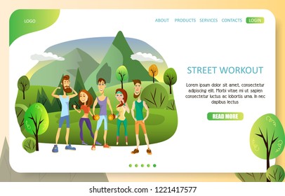 Street workout landing page website template. Vector illustration of young people doing exercises with dumbbells, showing their strength and arm muscles. Training outside, street fitness concept.