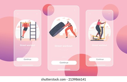 Street Workout Mobile App Page Onboard Screen Template. People Training at House Yard. Characters Exercising, Doing Workout with Weight, Run on Treadmill, Sport Concept. Cartoon Vector Illustration
