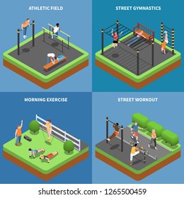 Street workout morning exercises and outdoor gymnastics at athletic field isometric design concept isolated vector illustration