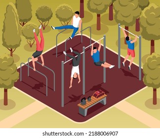 Street workout on sports ground with men doing gymnastic exercises on bars 3d isometric vector illustration