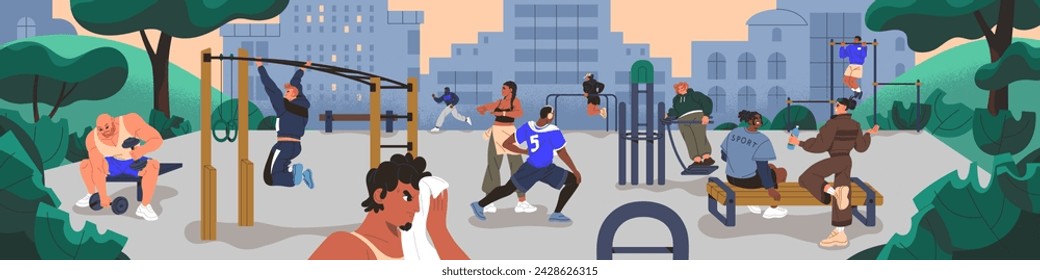 Panorama de entrenamientos callejeros. La gente practica en el campo de deporte, hace ejercicios físicos, fitness en el gimnasio al aire libre. Los atletas hacen entrenamientos de fuerza y cardio en el parque de la ciudad por la noche. Ilustración vectorial plana