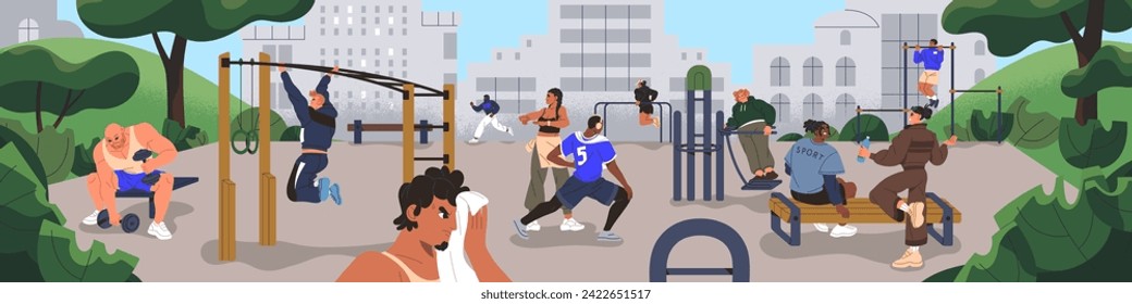 Street workout panorama. People training on sport ground, do physical exercises on outdoor gym. Athletes building strong body, pull up, jogging on playground in city park. Flat vector illustration.