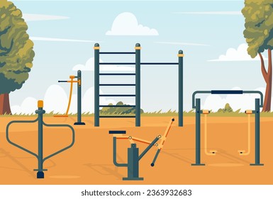 Street workout park. Cartoon city landscape with gymnasium fitness equipment, outdoor gym for bodybuilding flat style. Vector illustration of park workout