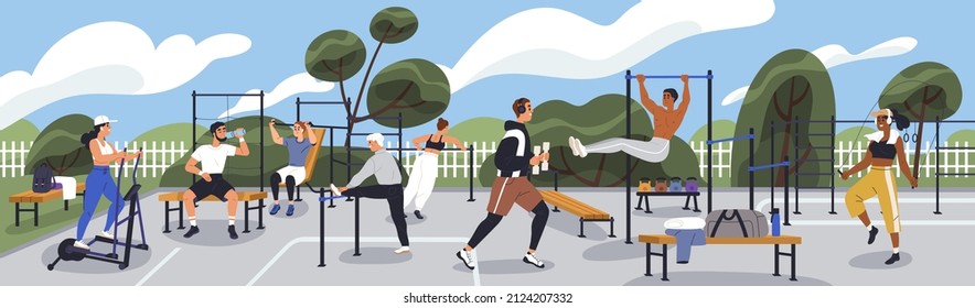 Street workout park with people training, exercising. Outdoor sports area with equipment, facilities for working out, stretching, cardio and strength physical activity. Flat vector illustration - Shutterstock ID 2124207332