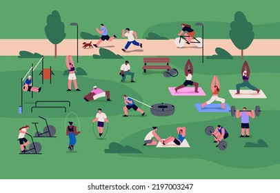 Parque de ejercicios callejeros. Entrenamiento de personas, haciendo diferentes ejercicios, cardio físico y actividades de fuerza al aire libre en balneario deportivo con instalaciones, equipamiento de fitness. Ilustración vectorial plana.