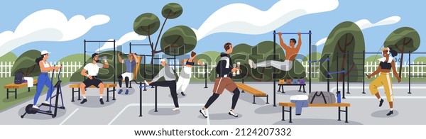 Street workout park with people training, exercising. Outdoor sports area with equipment, facilities for working out, stretching, cardio and strength physical activity. Gym wall mural illustration. 