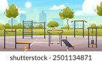 Street workout park. Vector illustration of city public park with sport equipment, nature gym zone, stadium, tree, playground. Outdoor sports area for fitness, strength training. Horizontal web banner