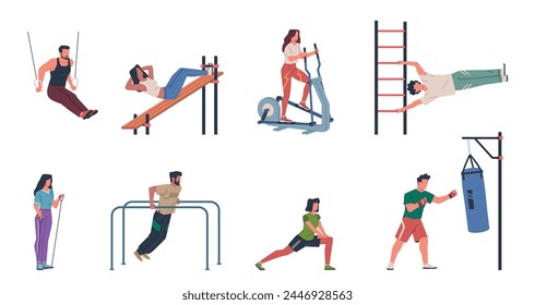 Street workout. People do sports outside, athletes on outdoor horizontal bars, simulators, city park gym, cardio and strength physical activity, healthy life, cartoon flat nowaday vector set