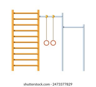 Street workout place. Horizontal bar with climbing rings and ladder. Sport, gym, fitness, exercise, kids playground element. Vector illustration in flat style