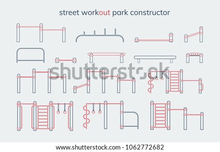 Street workout place or park constructor.  Line art style. Set of fitness and gym outdoor equipment. 