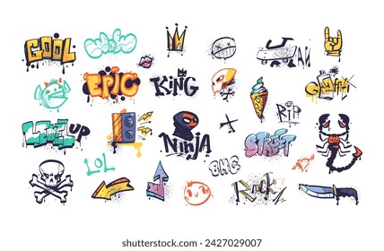 Street writing elements. Doodling wall graffiti urban type teenagers paint, grafitti sticker sprayed leak scribble text king cool level up, city life art classy vector illustration of spray design art