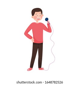 Street Young Boy Performer Holding Microphone and Singing Song Vector Illustration