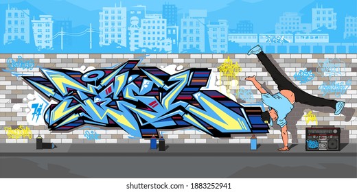 Streetart Graffiti Wall And B Boy Dancing Against The Background Of The Cityscape Vector Illustration 