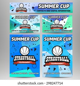 Streetball and basketball set of banner, cards and flyers with label