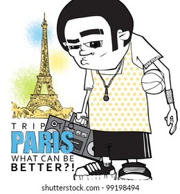 Streetball character on a eiffel tower background. Vector illustration