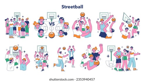 Streetball game set. Team players play basketball outside. Teen or young adult characters in a sportswear play with a ball. Flat vector illustration.