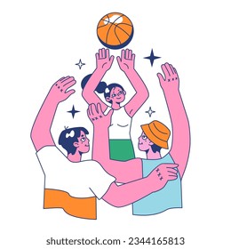 Streetball game. Team players play basketball outside. Teen or young adult characters in a sportswear play with a ball. Flat vector illustration.